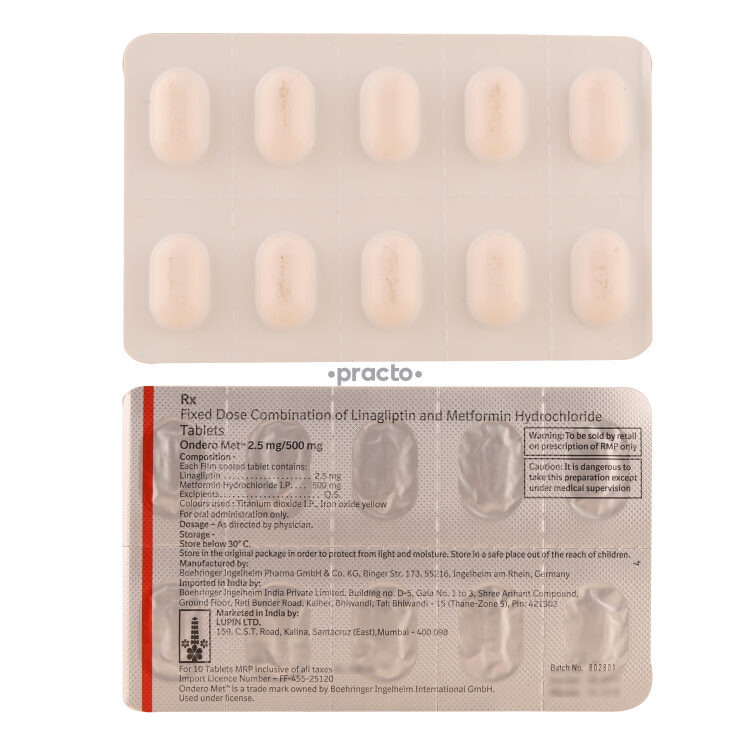 Ondero Met 2.5 mg/500 mg Tablet Uses, Dosage, Side Effects, Price